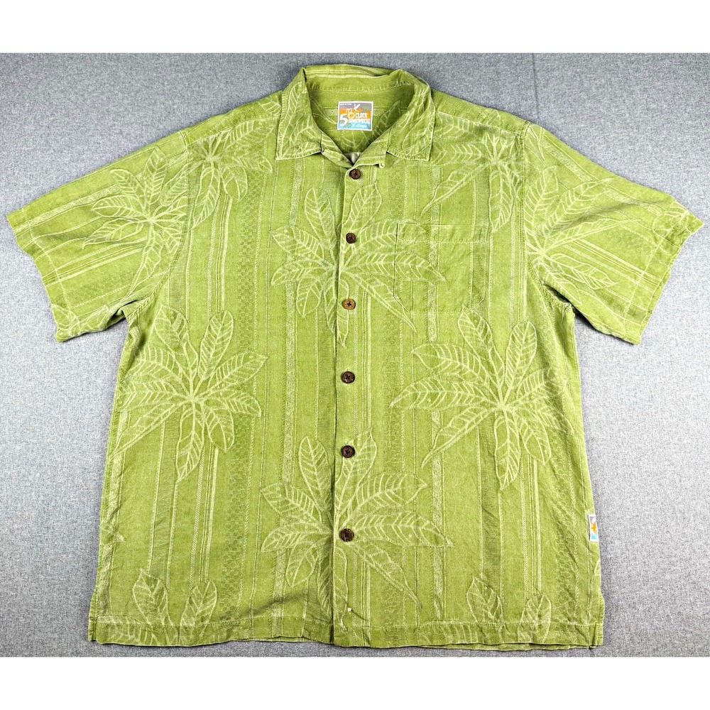 It's 5 O'Clock Somewhere Mens XL Silk Shirt Green Tropical Jacquard Hawaiian